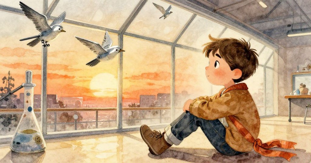 艾利亞斯靜觀機械鳥恢復平靜,圍巾落於鞋邊,展廳內余光溫暖,情感由高潮轉入溫馨結局。