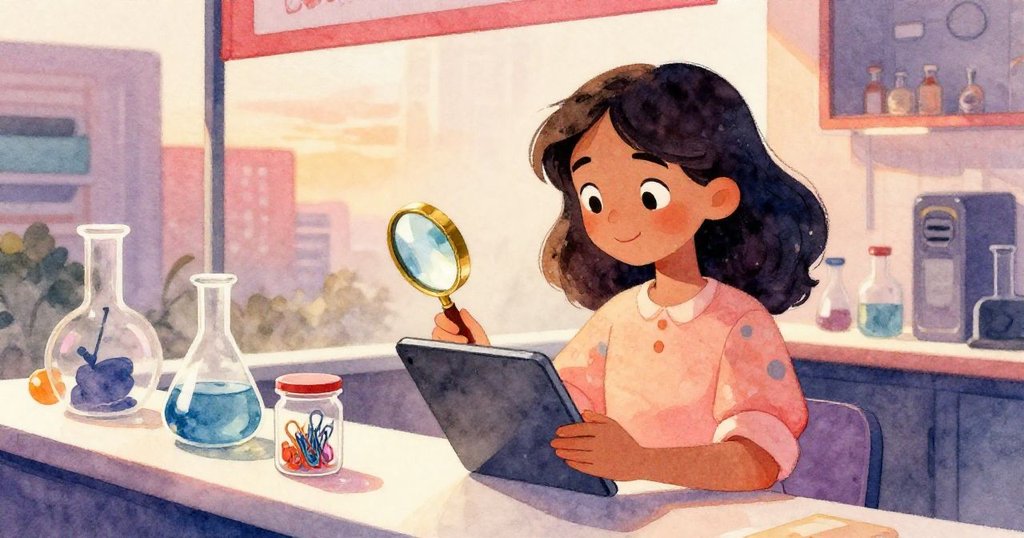 Leila在斜陽中操作平板電腦，調整小夾子瓶，明亮放大鏡投下耀眼橢圓光，現代與傳統並存，專注動作生動。