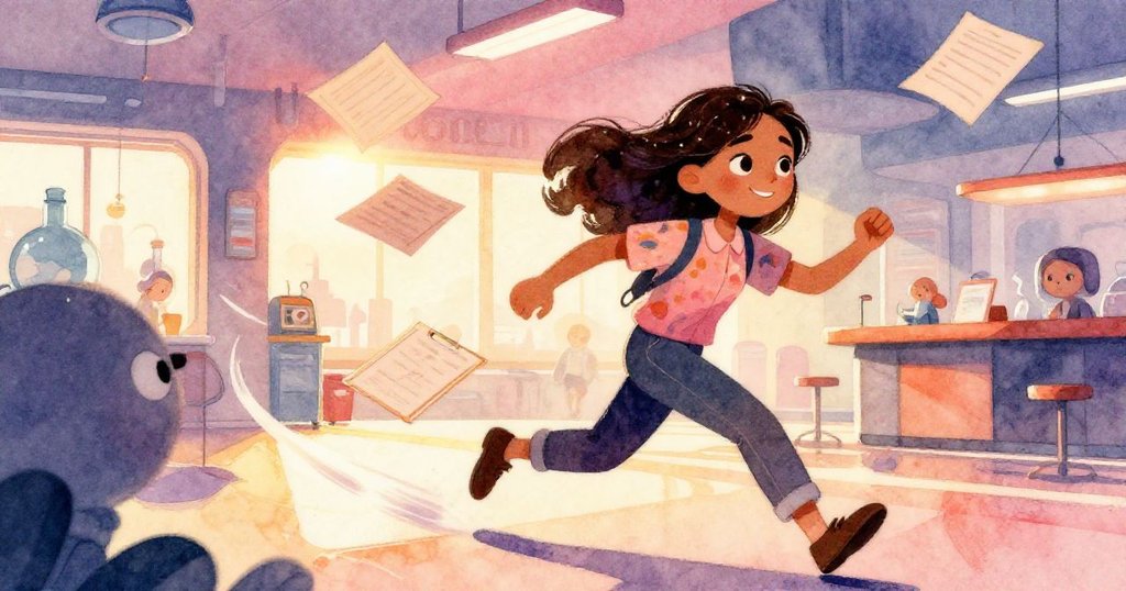 風起時紙舞飛揚，Leila急速追逐散落文件，一塊剪貼板旋轉滑行，動作靈活展現求知熱忱。