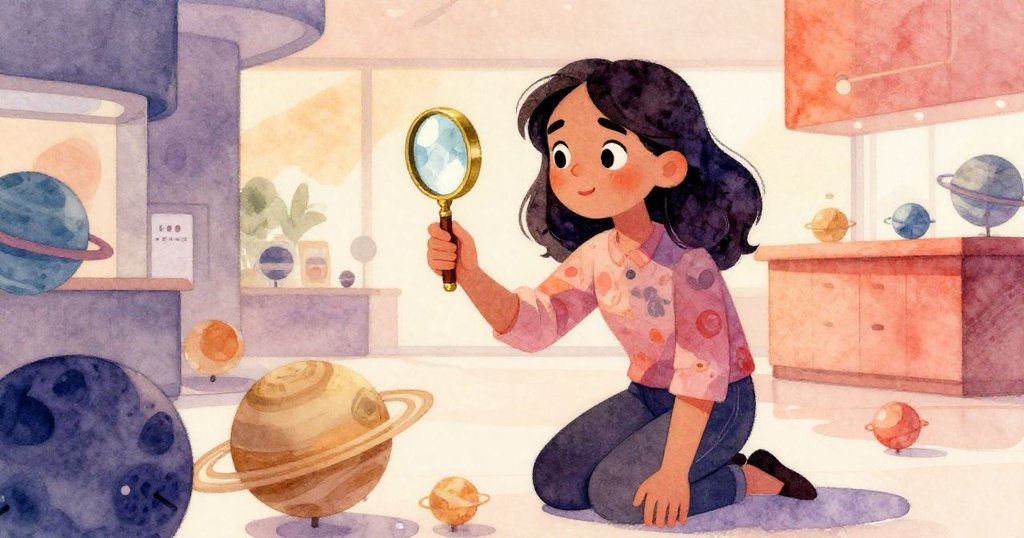 在行星模型中，Leila蹲下伸手撿回滾落放大鏡，專注神情流露堅毅與求知精神，場景溫柔細膩。