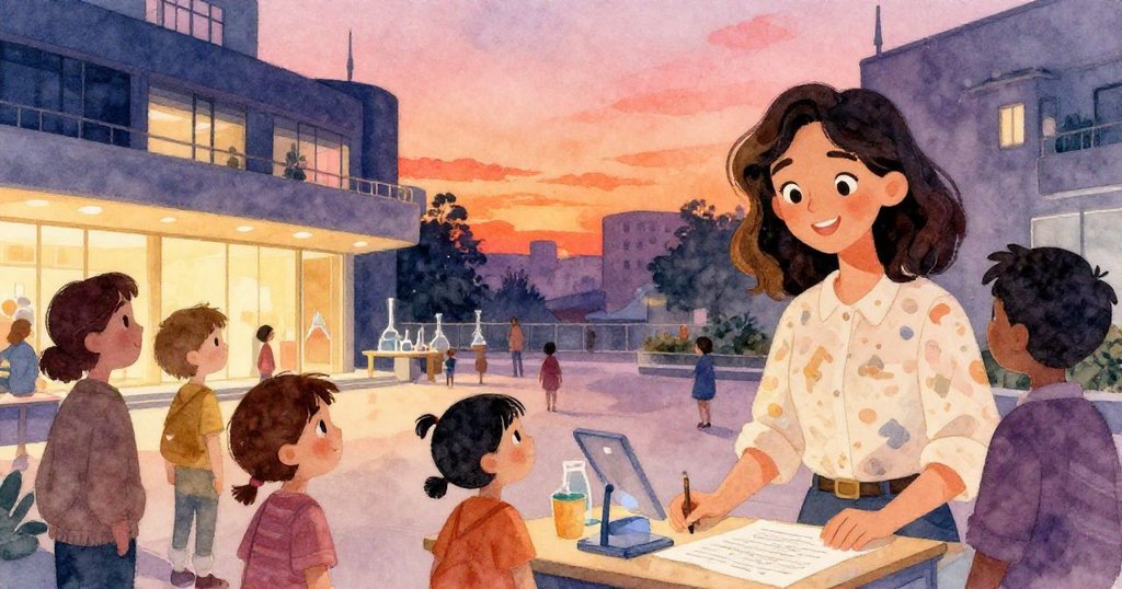 人群聚集展台，孩童敲擊鉛筆奏樂，成年人欣賞天文模型，Leila微笑收尾，溫馨展現科學展覽最終和諧場面。