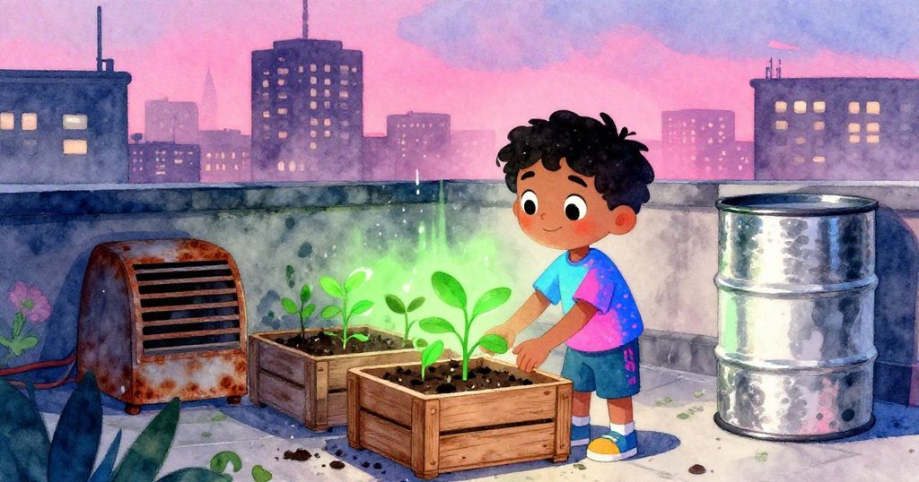 Mateo在公寓屋頂晨曦中忙碌地將幼苗栽入舊木箱，背景呈現城市輪廓與環保雨桶點綴，流露出希望與專注神情。