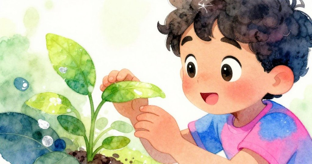 Mateo專注凝視著新冒出的嫩葉，眼神中滿是期待與驚喜，背景隱約出現屋頂園藝角落和晨光水珠。