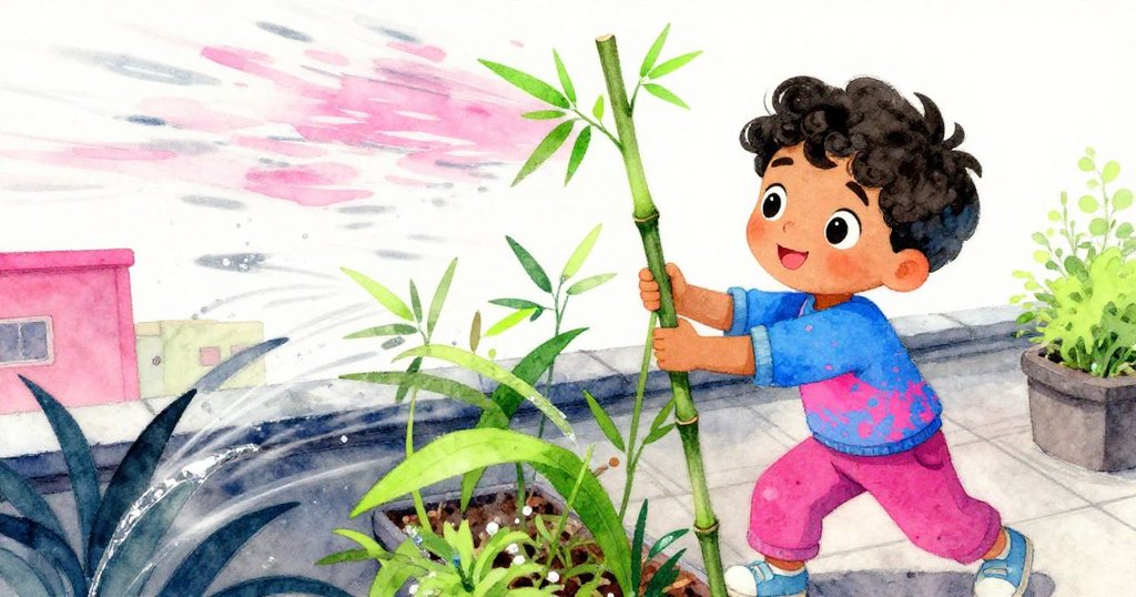 Mateo在強風中急忙用竹棍穩固向風傾斜且部分折斷的高杆植物，情緒堅毅，背景屋頂園區充滿動感。