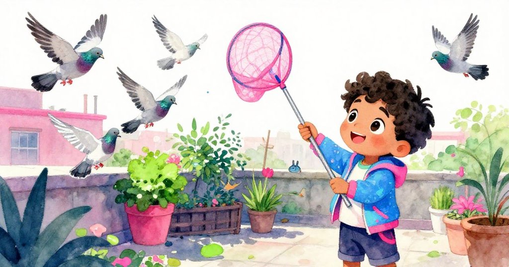 Mateo在屋頂園區急忙調整懸掛的天網防止鴿子啄食漸紅果實，風中網布擺動，情緒緊張且充滿決心。