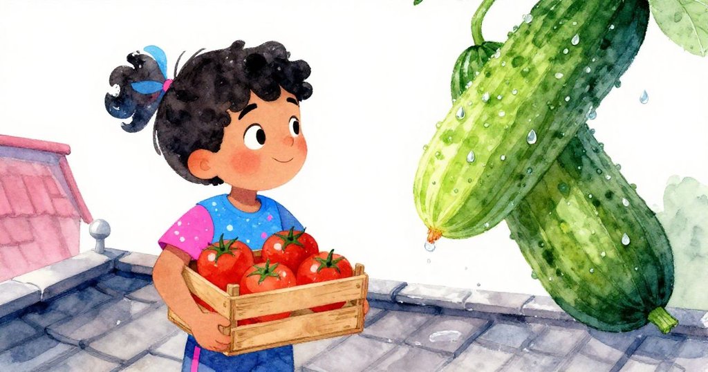 Mateo在明亮早晨舉起木箱檢查豐收番茄，驚喜發現隱藏在叢中條紋巨黃瓜，表情愉悅，光影明亮且充滿生機。