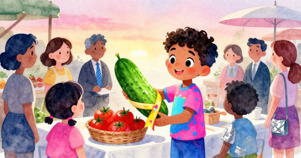 Mateo在落日餘暉中於市集攤位展示豐收果實，獨特條紋黃瓜獲獎，眾人圍觀讚嘆，場景溫馨熱鬧充滿感激。