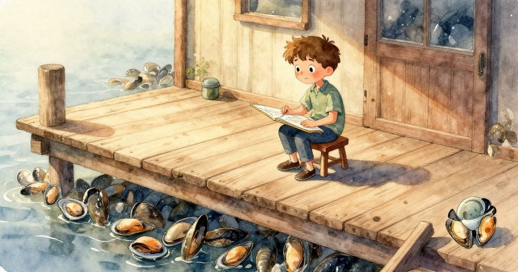 Eliot專心用鉛筆在素描本上描繪海浪泡沫，手部特寫展現用心創作與細微筆觸，氣氛溫柔。