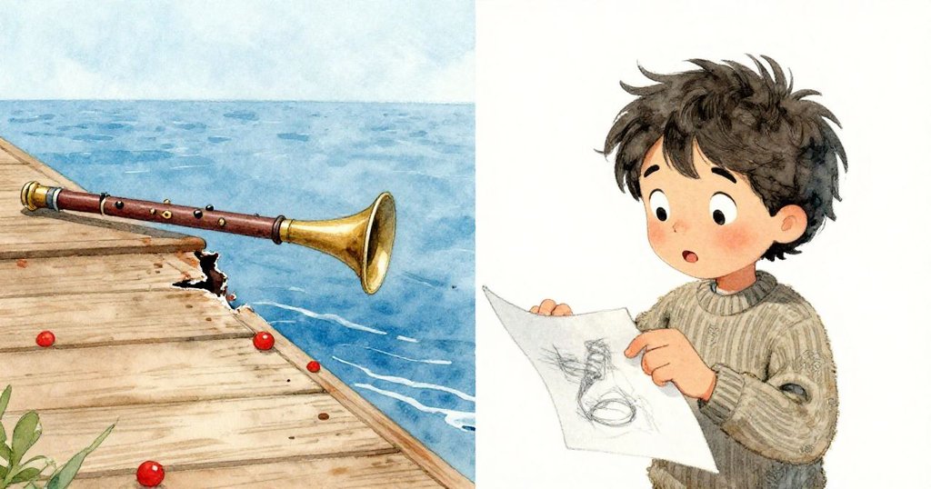 Eliot因風吹頁翻驚訝，錄音器件滑向裂縫，同時展現他急忙伸手抓取的動態瞬間，充滿緊張氣氛。