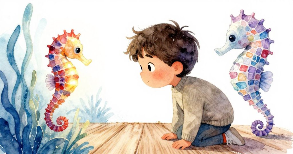 Eliot彎身仔細觀察海藻中發光的海馬，其素描融合自然與馬賽克藝術效果，畫面呈現真實與幻想交織。