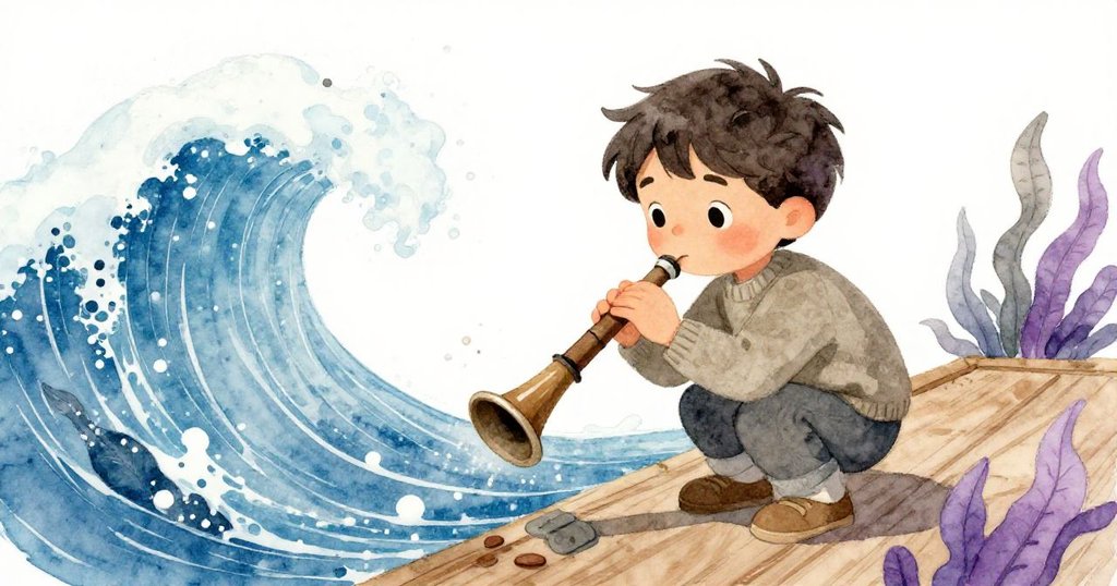 Eliot迅速彎身奮力穩住即將滑落的錄音器件，水浪與海藻湧動間展現緊張而堅定的動作。