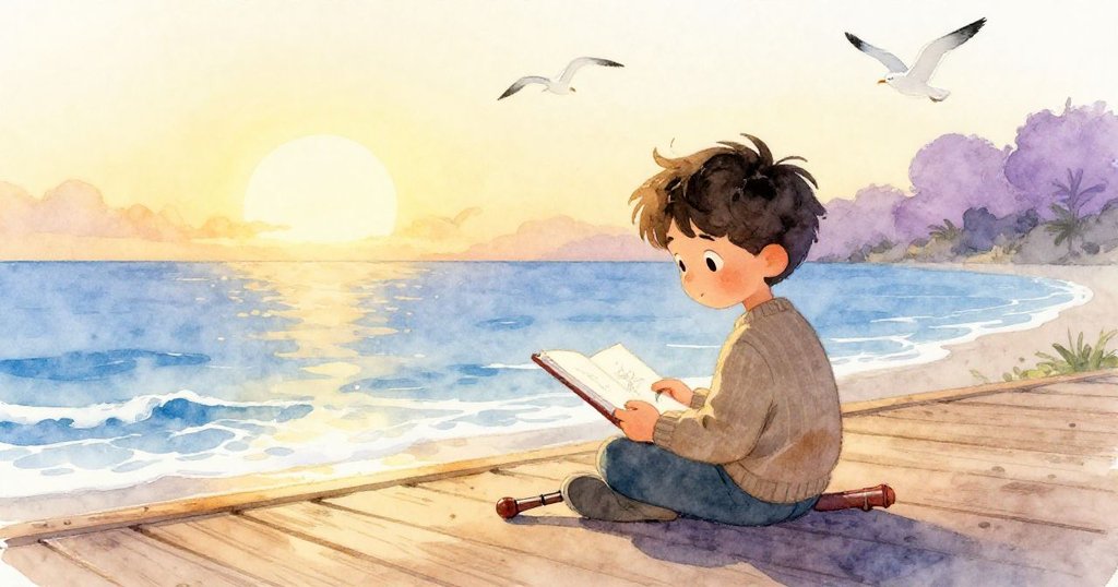 Eliot靜坐於夕陽下的木製甲板上，關閉素描本與安全錄音器件並排，海面退潮、海鷗飛翔，畫面寧靜溫和。