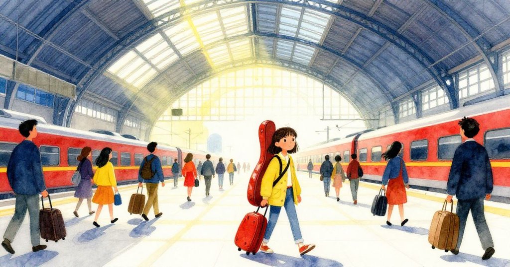 Mira 穿越熱鬧車站大廳，陽光透過壯麗玻璃屋頂灑落，搭配行李與旅客，展現朝氣蓬勃的早晨情景。