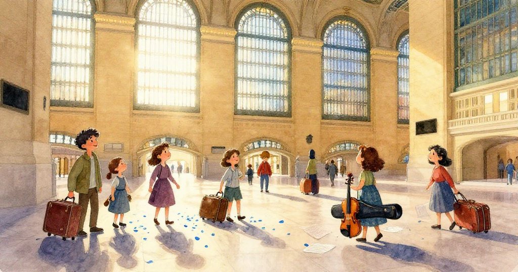 Mira近距離表情特寫，手持小畫冊和小提琴箱，臉上充滿期待和溫柔，展示故事開始的神情。