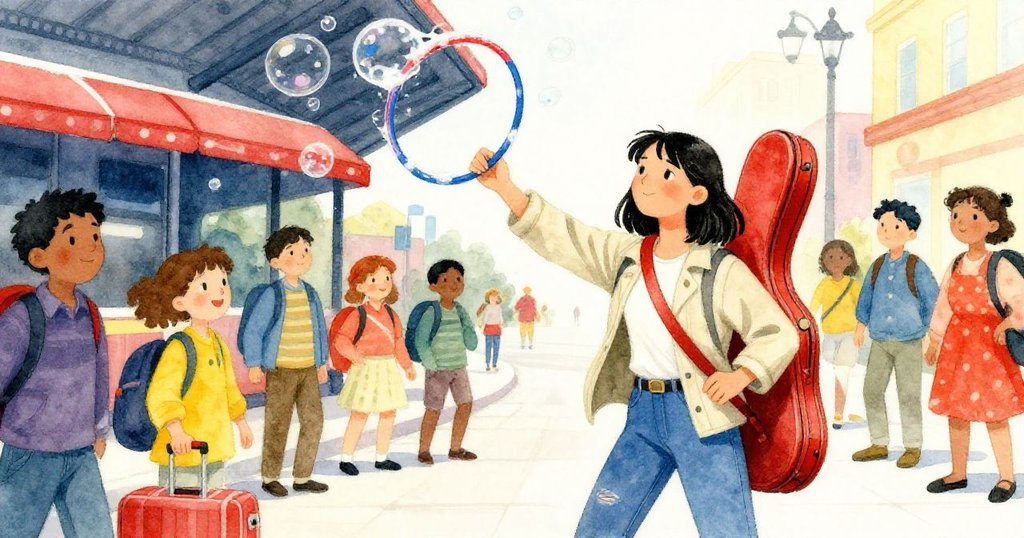 嬉戲表演者揚起塗著泡沫彩虹色的大環，氣泡漂浮中Mira與人群互動，充滿奇幻活潑氛圍。