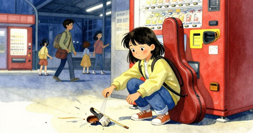 Mira蹲下捉拾散落地板的琴弦，旁邊有小孩伸手碰觸，場景充滿驚慌與解決挑戰。