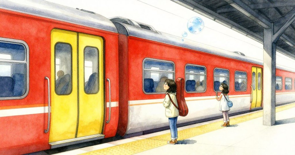 Mira收拾好物品趕上列車，最後一道藍光泡沫靜靜停留，告別車站並展現堅定微笑。