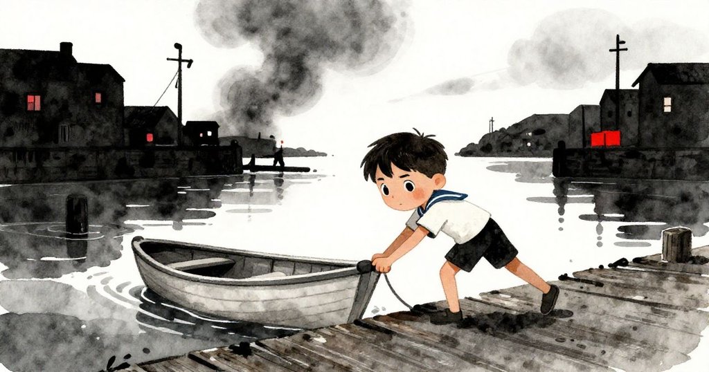 在夕陽沉落時，Julian從破舊碼頭推開小艇，映出港口紫水與紅點，展現堅定冒險的開始。