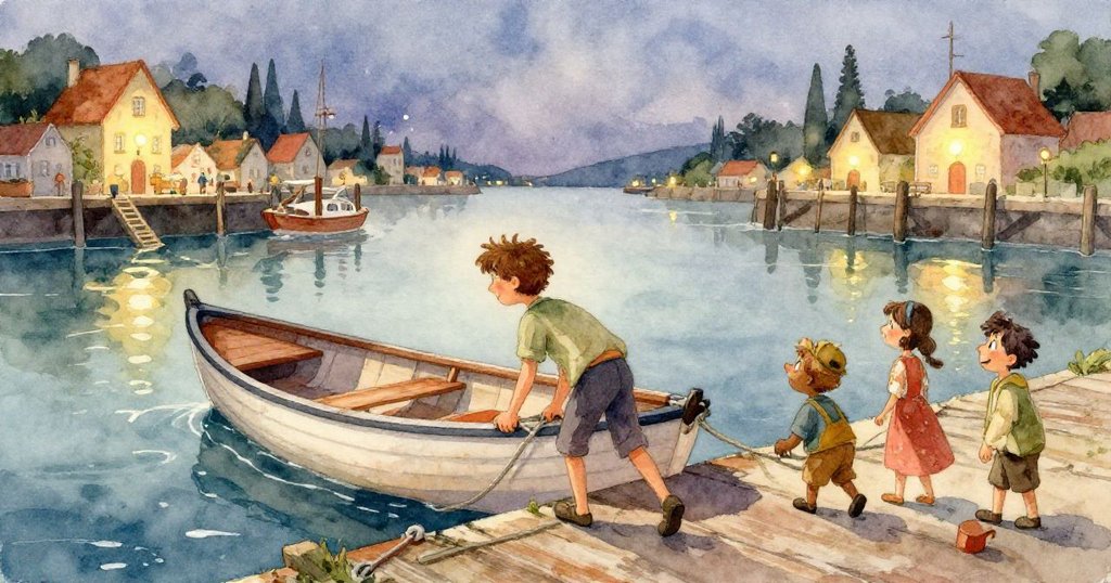 在柔和光線中，Julian近距離觀察風帆上精緻補丁，白布與紅點交織，展現出準備啟程的希望與細緻感受。