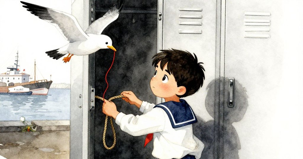 Julian打開儲物箱搜尋繩索，驚訝發現海鷗叼著紅色細線，展現出冒險途中意外與幽默的轉折。