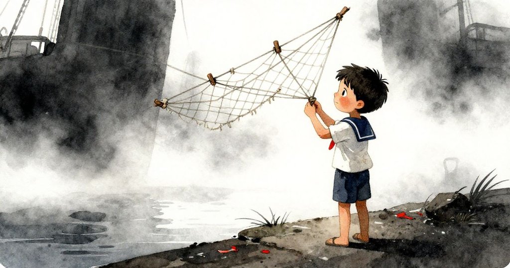 Julian在港口入口調整臨時風帆，薄霧環繞下展現緊張與神秘，背景雲霧低垂映出冒險的困難。