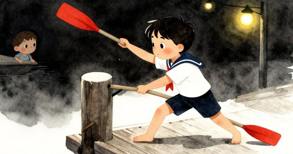 Julian用槳觸碰碼頭柱，瞬間喚起遠處友人的關注，動作中表現出希望與冒險中的堅毅。