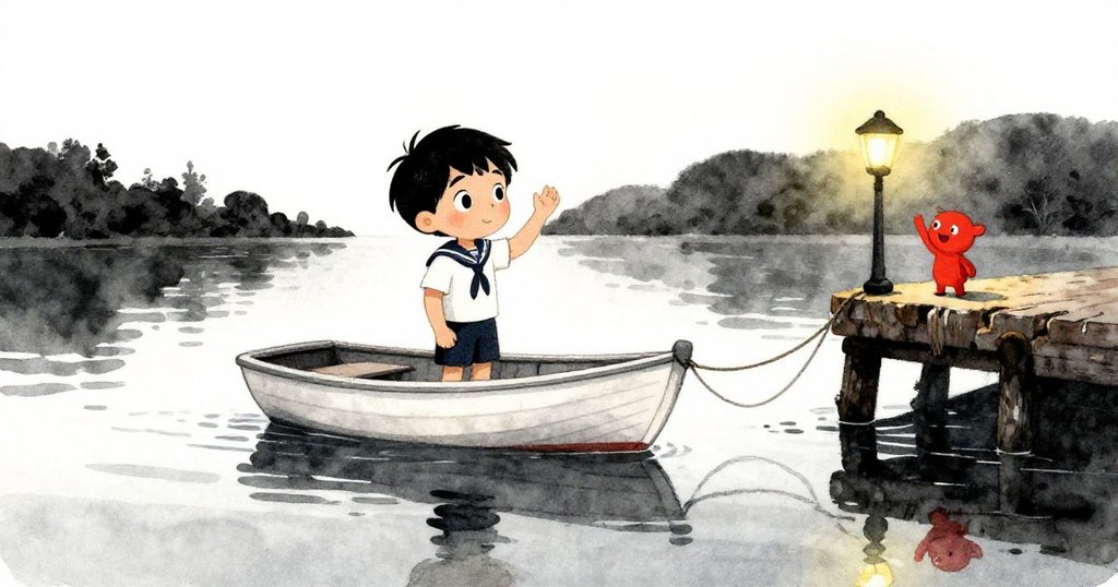 在溫暖燈光映照下，Julian的小艇靜滑港面，友人在碼頭揮手告別，呈現出充滿依依不捨和溫馨收尾的情境。