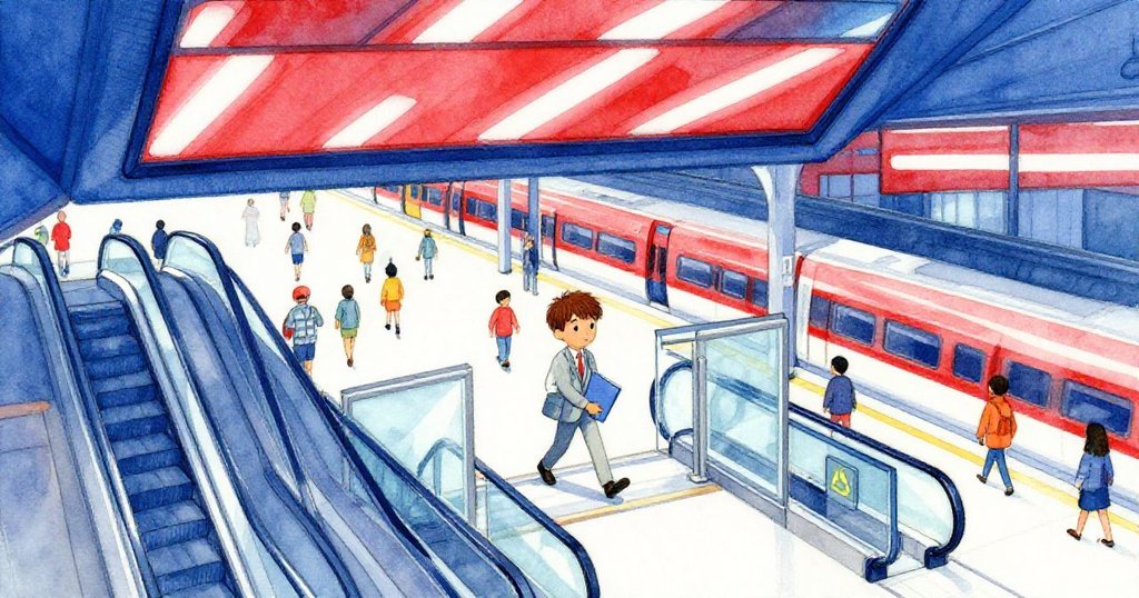 Milo正跨進繁忙車站，從上方俯視見到閃動光影與電扶梯，表情堅定，展開冒險旅程。