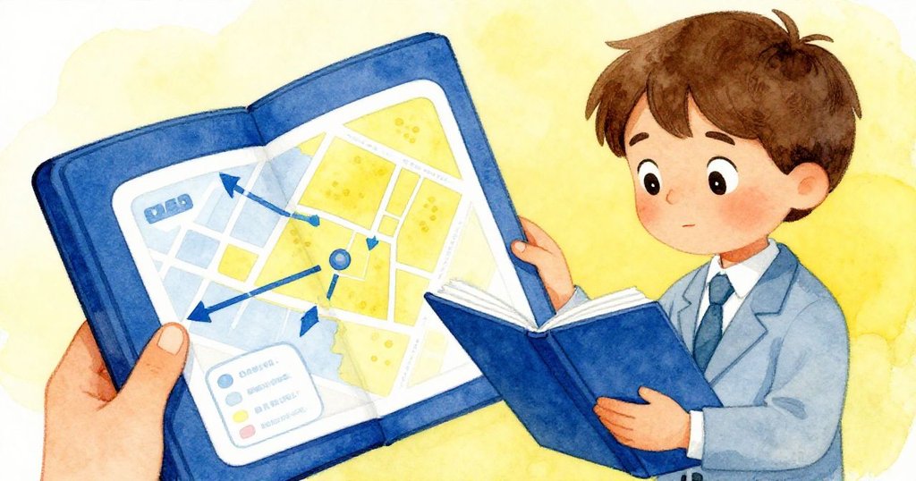 Milo專注檢查藍色文件夾，手中展示電子地圖與箭頭細節，特寫呈現堅定與細緻的工作場面。