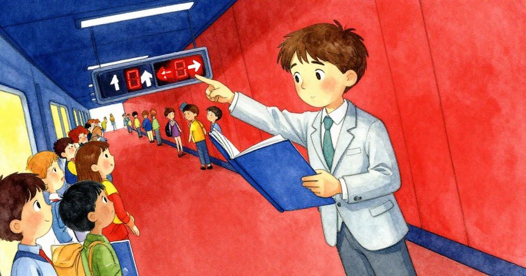 Milo在擁擠走廊中比對文件夾上兩個箭頭，身旁人群匆忙流動，斜視角呈現動態決策氣氛。