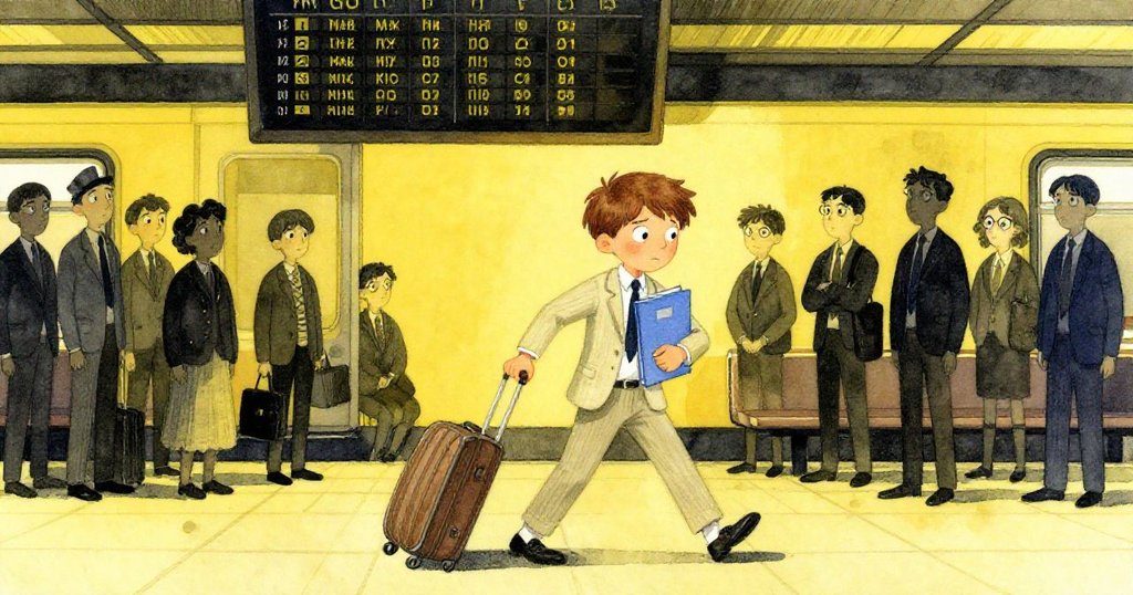 Milo急速側身躲避滑動行李箱，身後眾旅客疑惑舉手詢問，閃爍時刻板與扭曲空間營造神秘氛圍。