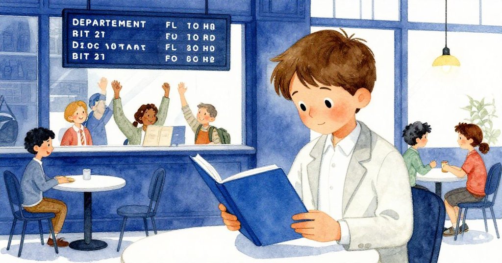 Milo在咖啡館內仔細檢查藍色文件夾，窗外旅客看著正常出發看板笑逐顏開，共慶信息恢復。