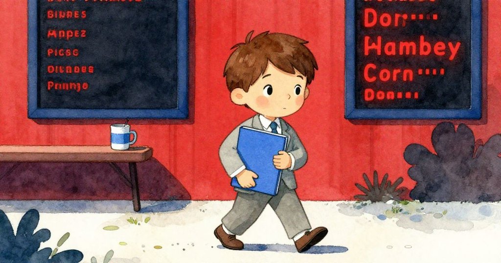 Milo走出咖啡館迎向開闊前路，藍色文件夾緊貼胸前，目光堅定望向充滿希望的新起點。