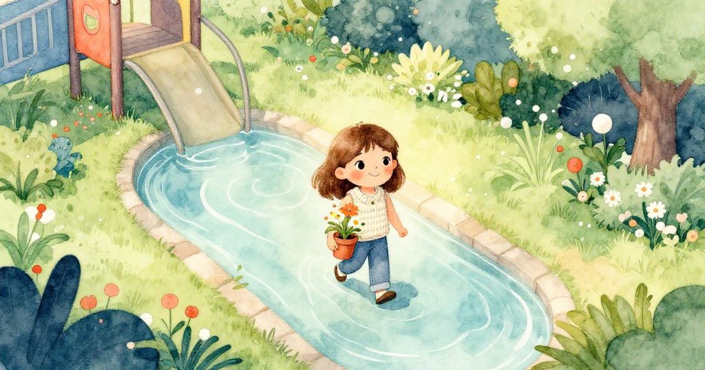 莉莉提著小花盆走在操場花園中，背景有窄小池塘，臉上帶著期待與興奮，展現故事開始的場景。