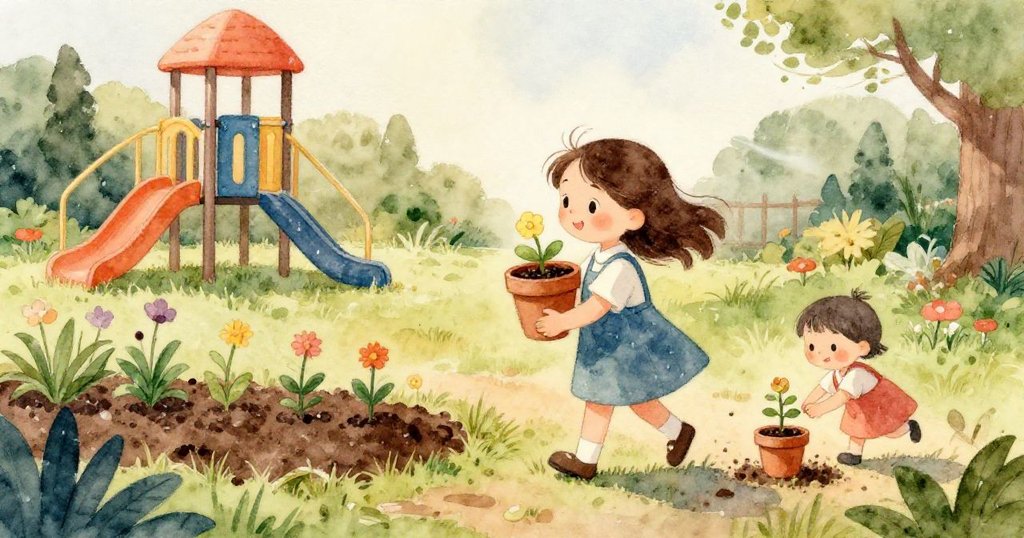 莉莉伸出手打開種子包，細節特寫展現種子從手中滑落，濕潤土壤細膩展現，故事進入細節發展。