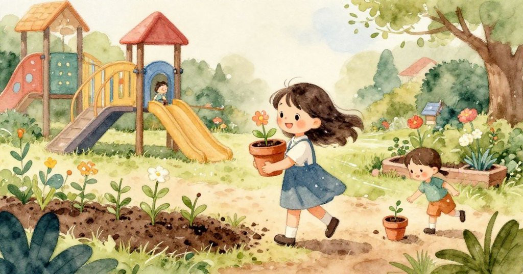 青蛙視角描繪一隻綠蛙躍向池塘邊，濺起水花灑在莉莉的鞋上，表情活潑，故事達到高潮展現動感。