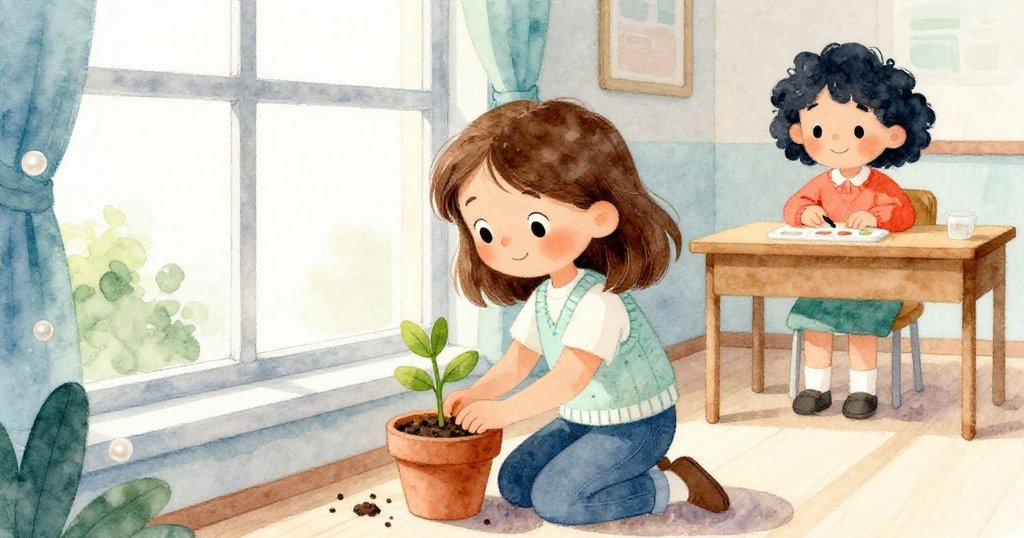 莉莉在教室陽光透進的窗邊種下救回的種子，米婭微笑旁觀，教室內氣氛溫暖，故事邁向解決。