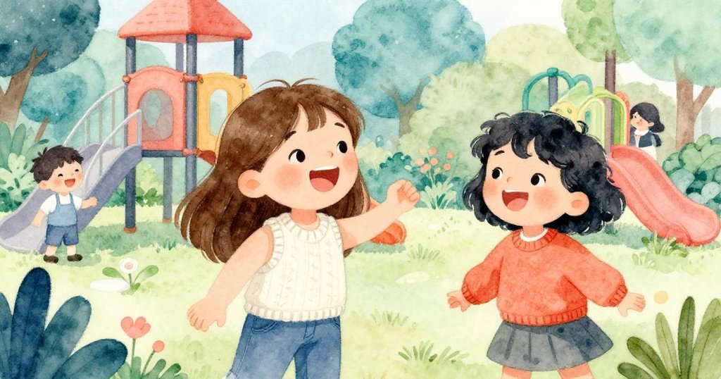 孩子們在操場花園中歡笑嬉戲，各自展露快樂表情，氣氛輕鬆悠揚，故事進入解決與欣喜時刻。