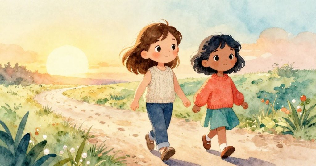 夕陽西下，莉莉與米婭肩並肩走在小徑上，留下泥跡與快樂記憶，故事溫暖結局展現希望與未來。