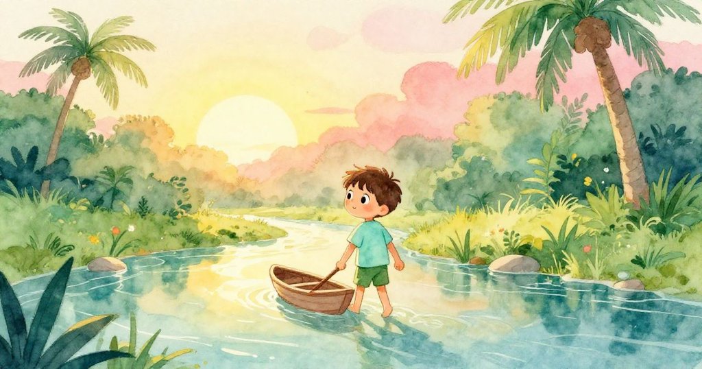 班帶著小船在晨曦中步入溪邊，小船與陽光映照流水，班面露期待與興奮，環境寧靜宜人。