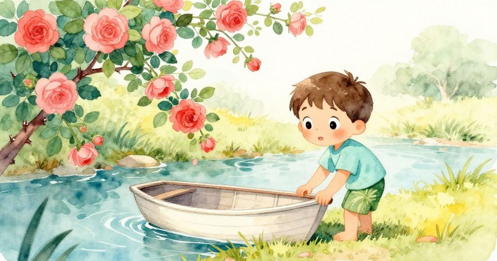 班彎腰仔細檢查小船與阻擋流水的玫瑰刺，背景展現低垂玫瑰與柔和光線，班神情專注。