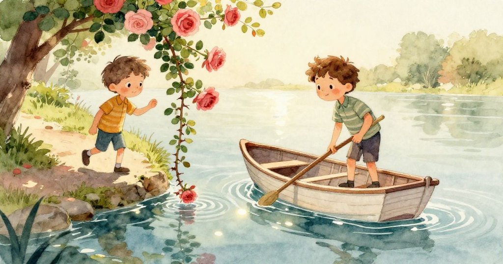 小青蛙蹲在河邊石上，觀察細緻花瓣隨微風飄揚，水面映出柔和日光，情景充滿神奇感。