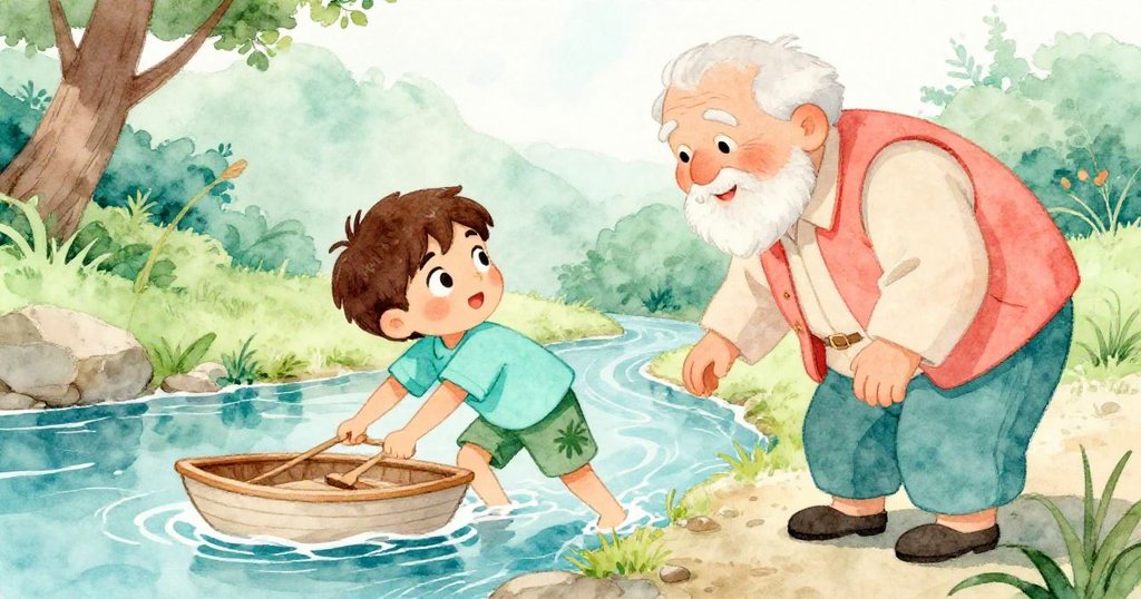 班專注點頭，準備放開小船，同時長者輕掃落葉，兩人互動溫馨，場景散發堅定與溫柔氣氛。