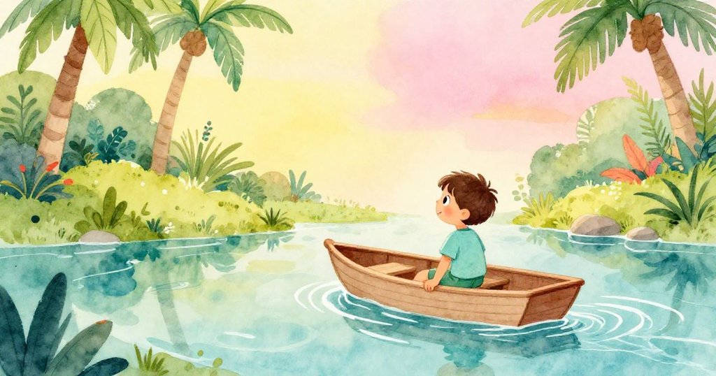 班安坐溪邊，欣賞小船順流而下，水面漣漪微擴，周圍花園靜謐，散發著平和與溫馨的氛圍。