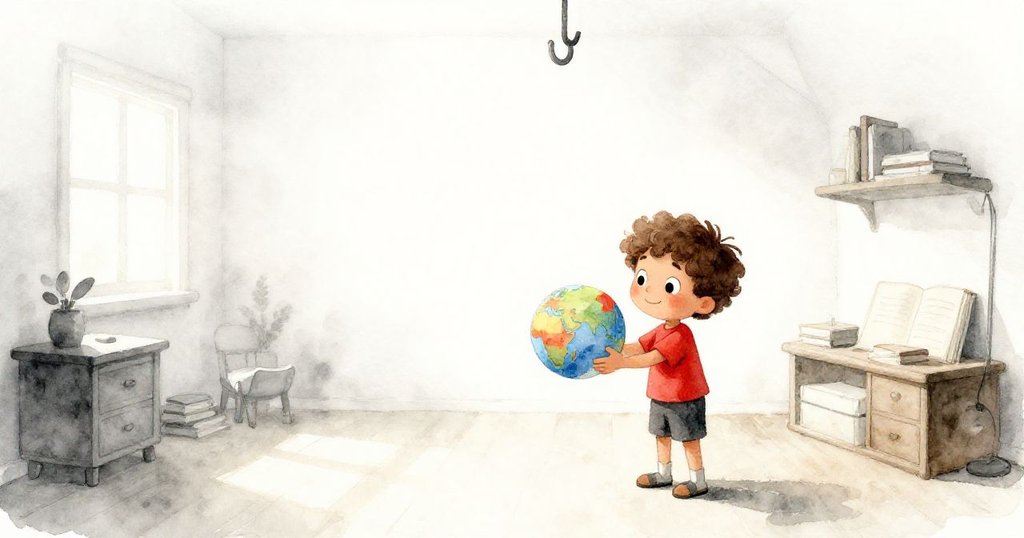 Leo在溫暖晨光中，手握明亮的紙做星球，眼神充滿夢想，室內背景寧靜而充滿希望