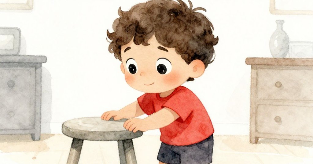 Leo專注地看著窄凳，眼中充滿決心與好奇，室內暖光下，凳子與他展現細緻情感