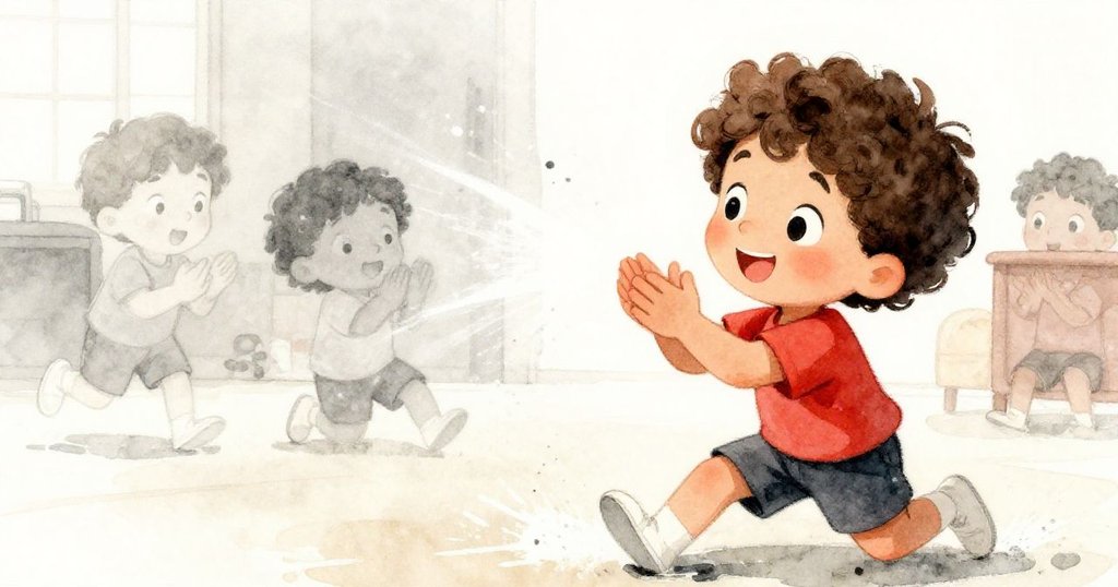 Leo背後書本滑碰發出啪聲，架子略震動，白色粉筆塵輕飄散，場景充滿微妙魔法般氛圍