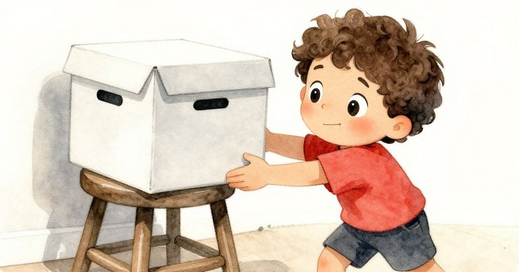 Leo小心翼翼地推動大箱子固定歪斜凳子，神情中流露出緊張與期待，室內環境溫馨