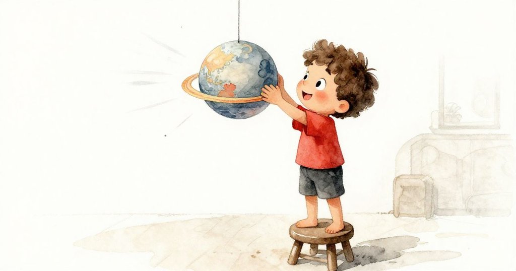 Leo穩固凳子後再次攀爬，高掛紙星球，臉上帶著滿足微笑，室內寧靜環境充滿安詳