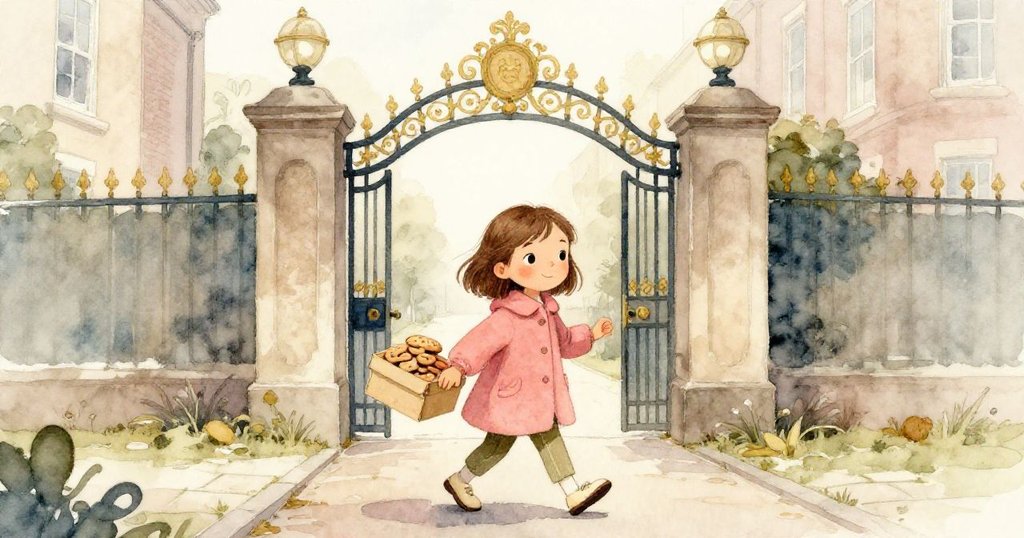 艾瑪拿著紙盒走在狹窄人行道上，準備進入學校大門，臉上帶著期待神情，背景呈現溫暖晨光與古色建築。